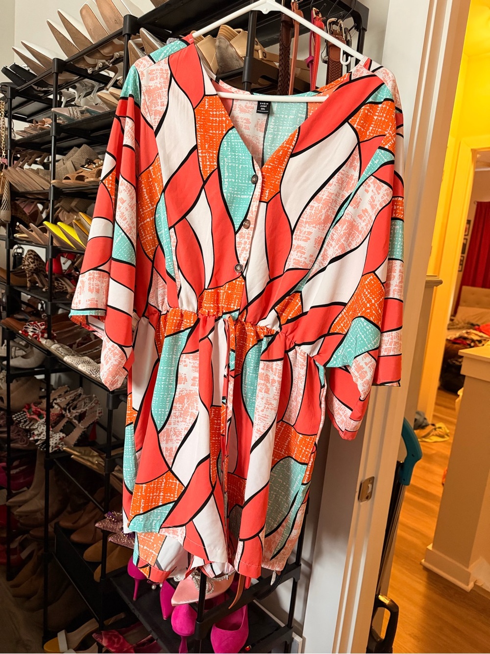 SHEIN Colorblock Abstract One-Piece Romper in Coral, Mint & White